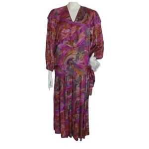 DIANE FREIS Skirt Set, L, Silk, Purple/Pink/Gray, Abstract, Long sleeves, Maxi